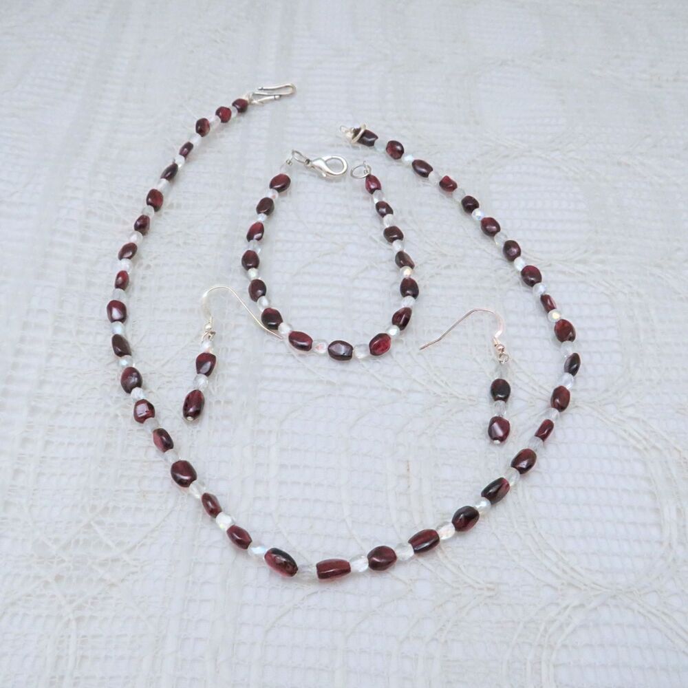 Garnet Jewelry Set, Handmade Necklace, Earrings, Bracelet, Business Apparel